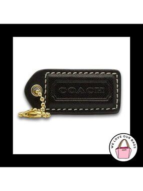 COACH Y2K VINTAGE Hang Tag Bag Charm Keychain Fob Black Leather Brass 2" Medium